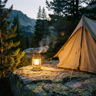 Classic camping lantern glowing beside a tent at dusk