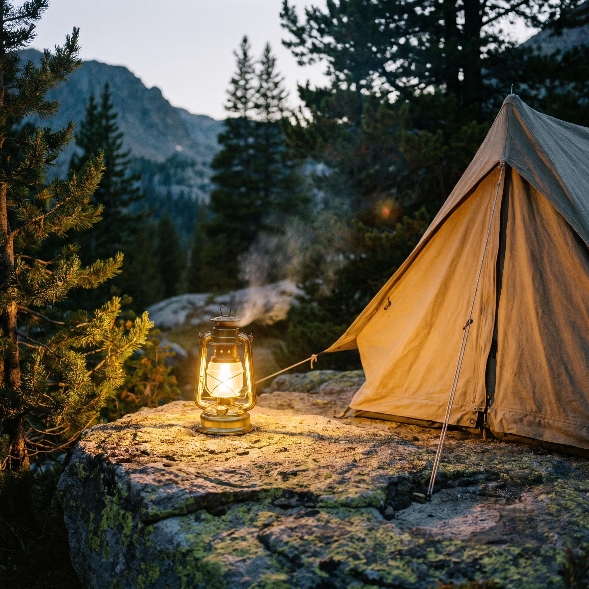 Classic camping lantern glowing beside a tent at dusk