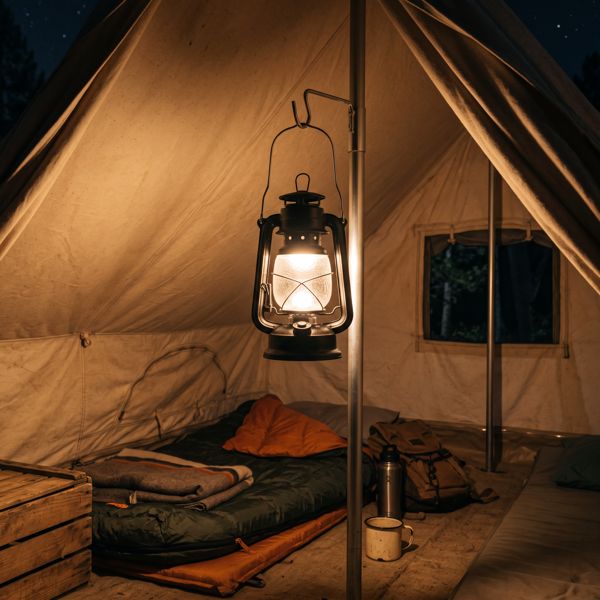 Rechargeable lantern hanging in a tent at night
