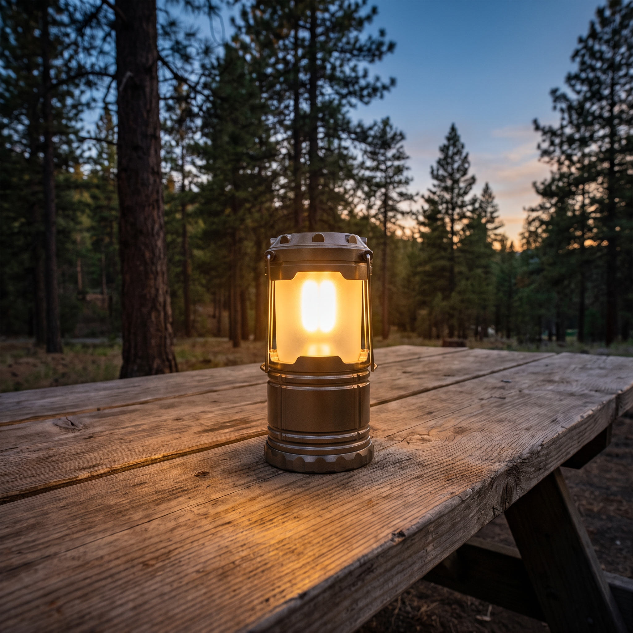 Collapsible LED lantern glowing on a camp table at dusk