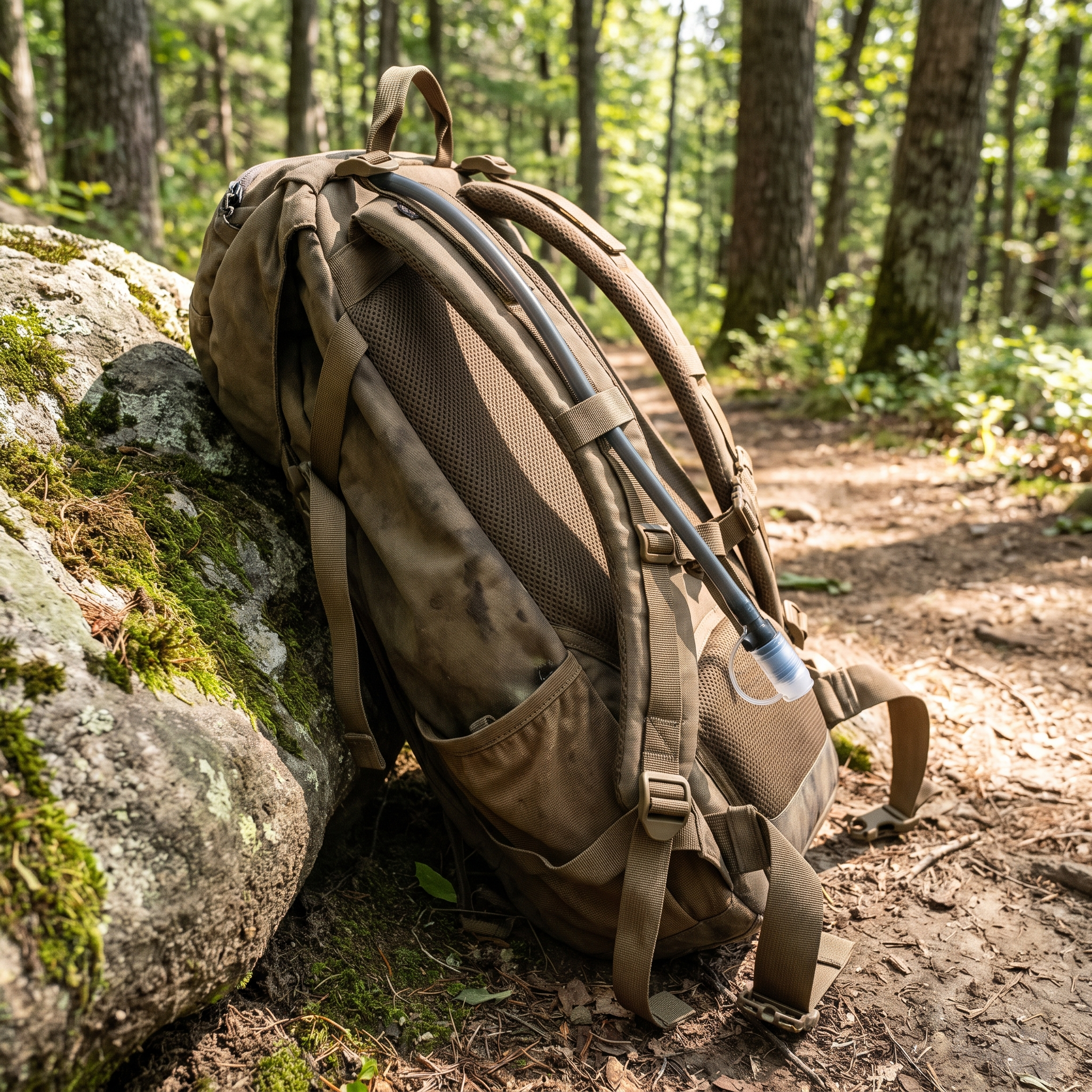 Hydration bladder hose over a backpack strap on the trail