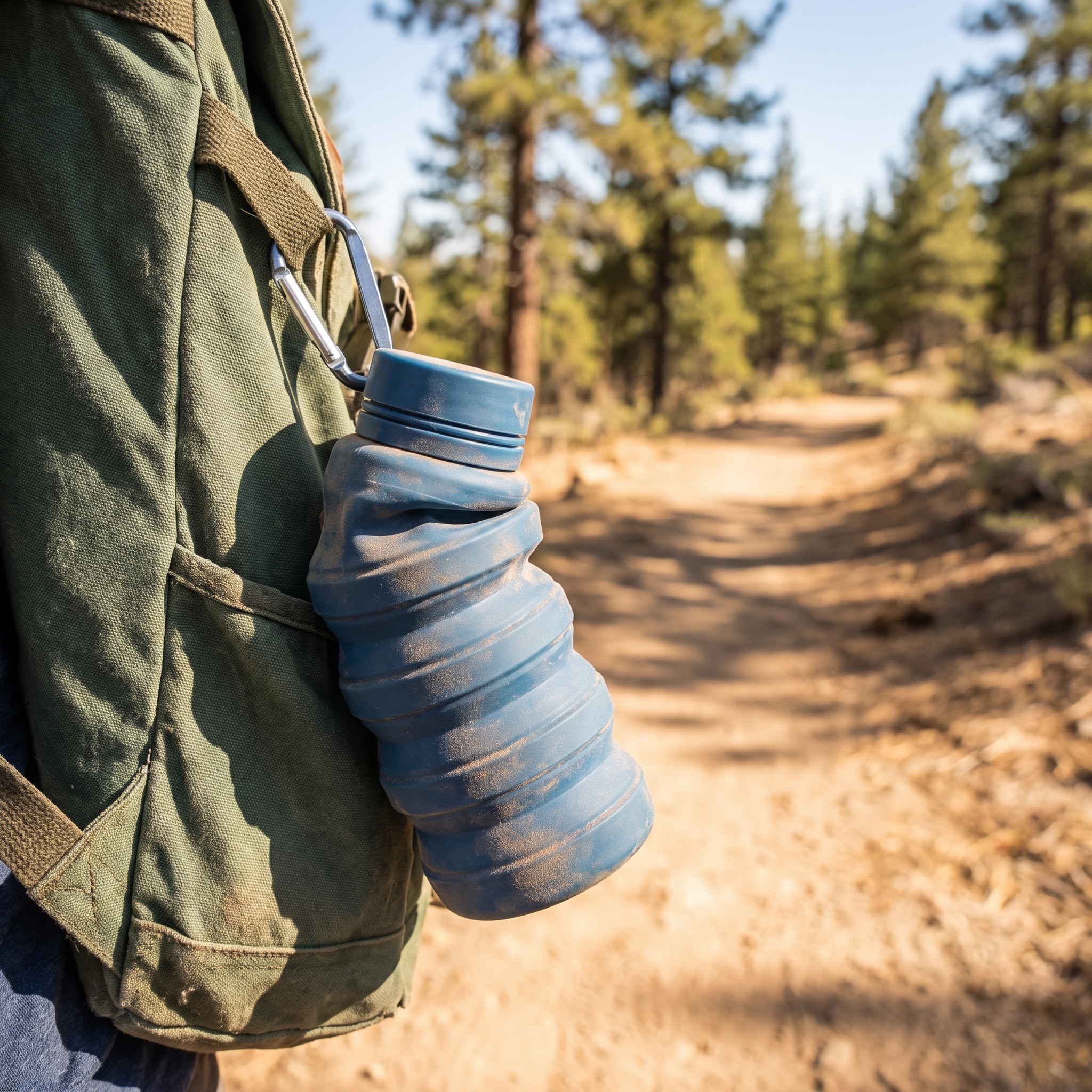Collapsible water bottle clipped to a daypack on the trail