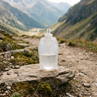 Soft flask resting on a rock by a mountain trail