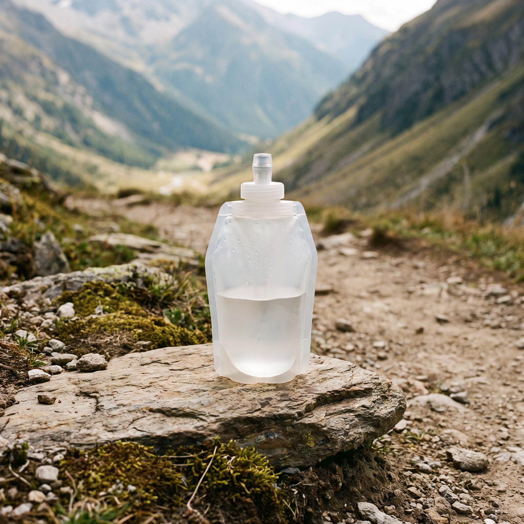 Soft flask resting on a rock by a mountain trail